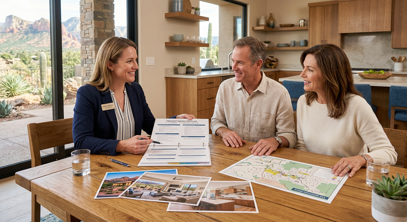 Photorealistic scene of a local real estate agent and homeowners reviewing a polished property marketing plan at a sunlit ...