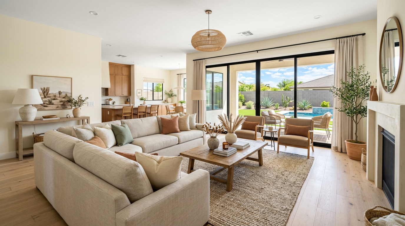 Photorealistic wide-angle interior of a staged Central Scottsdale living room with pale oak floors, neutral linen sofa, so...