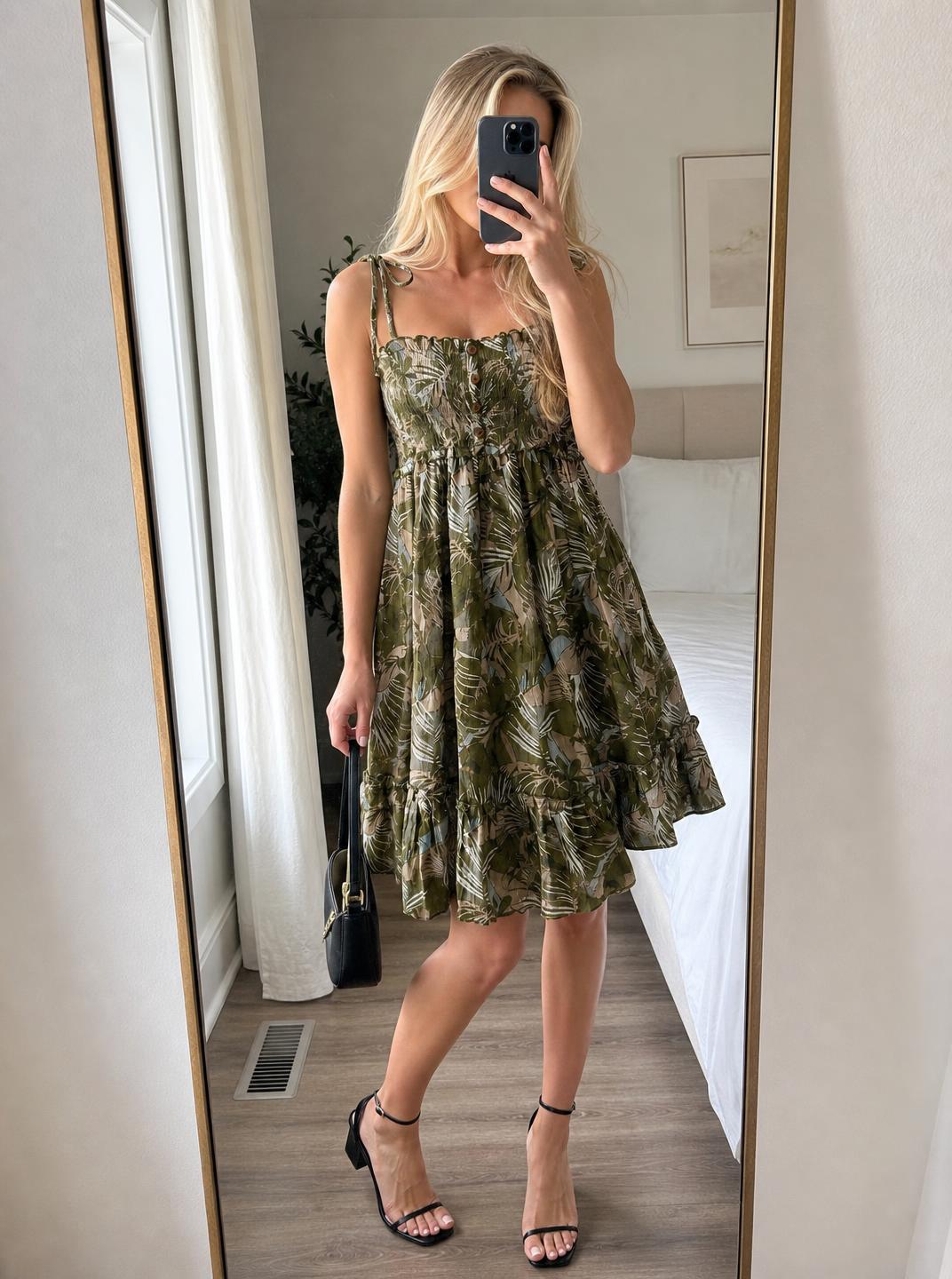 Tropical Leaf Print Tiered Midi Dress with Tie Straps