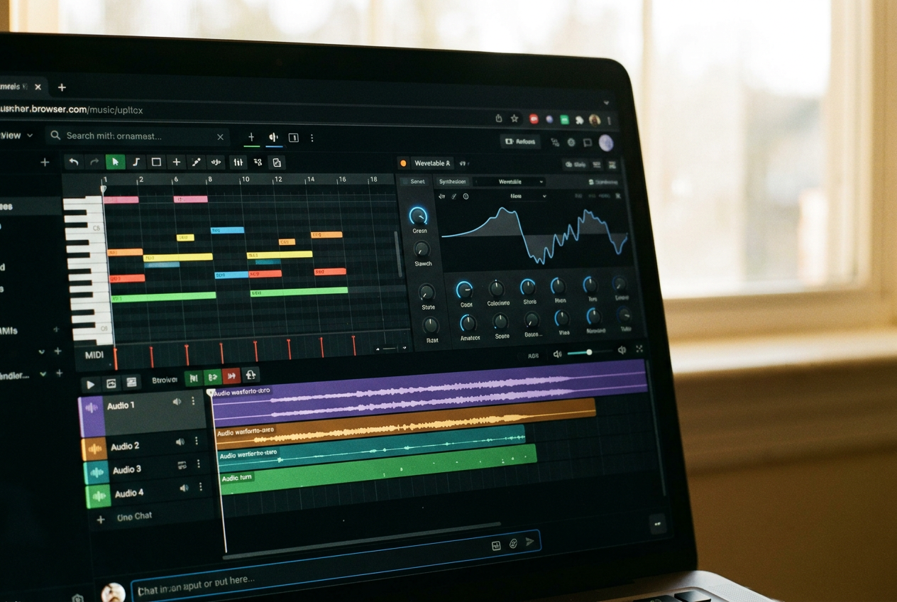 alt text: Suno Studio 2.0 DAW interface with MIDI piano roll, wavetable synth, and AI chat bar