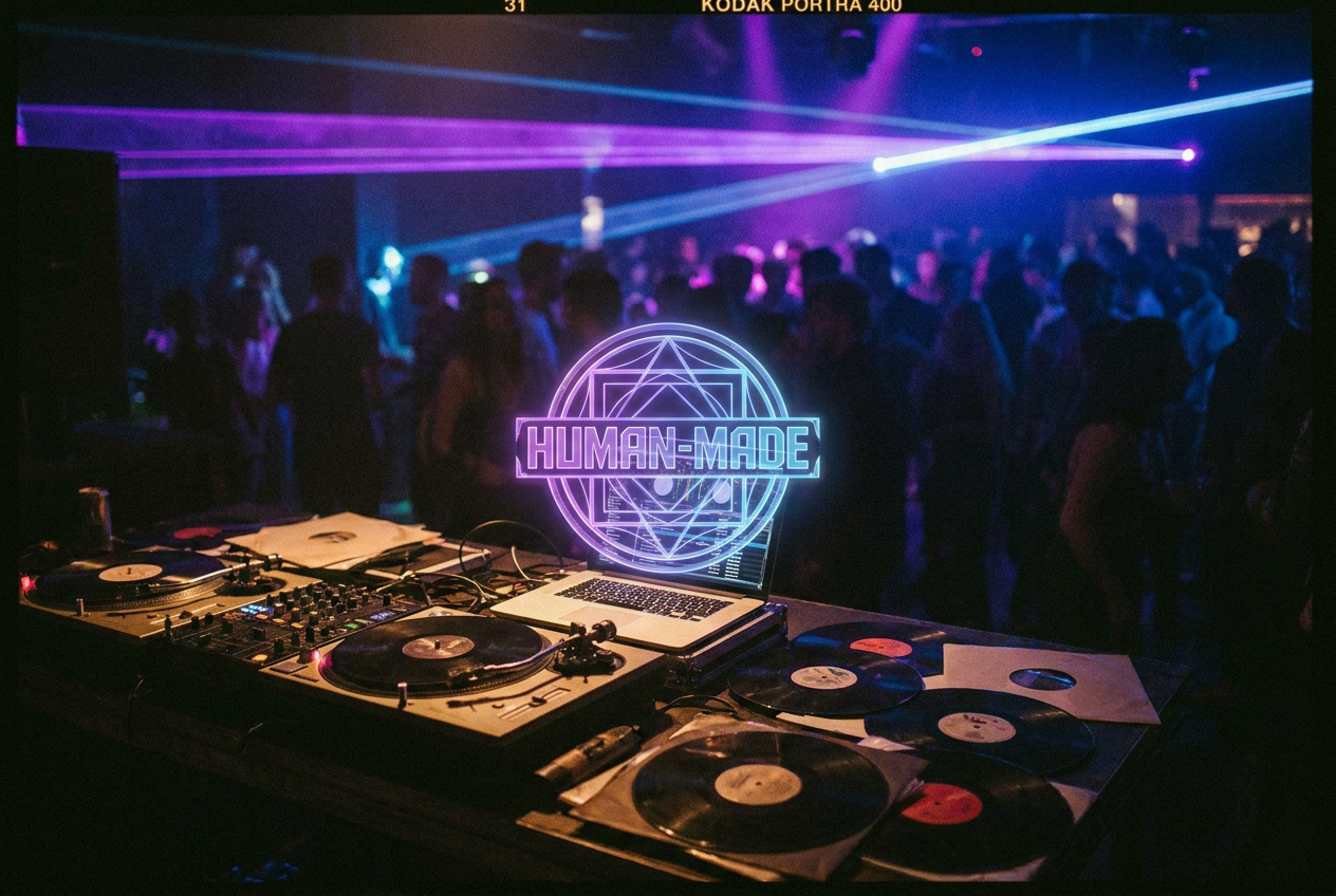 alt text: Electronic music DJ booth with a glowing "Human-Made" badge on screen