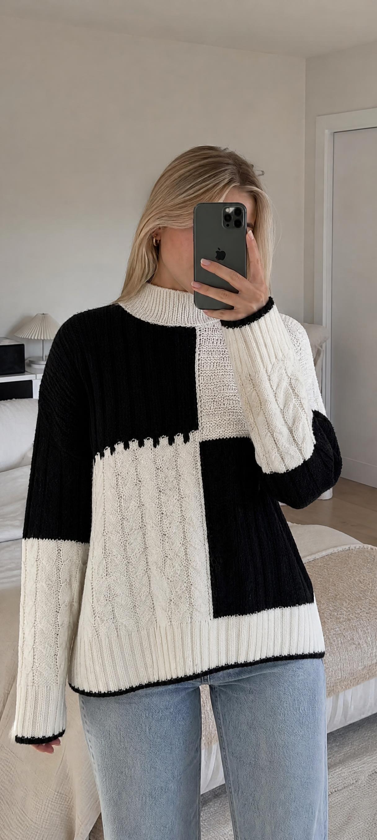 Black & Cream Colour-Block Polo Neck Knit Jumper