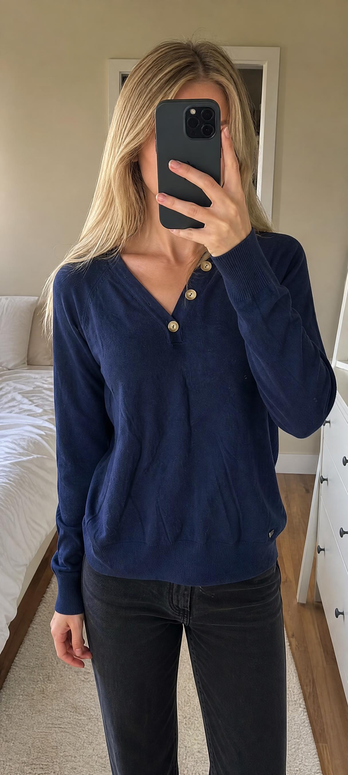 Cortefiel navy blue V-neck button jersey jumper