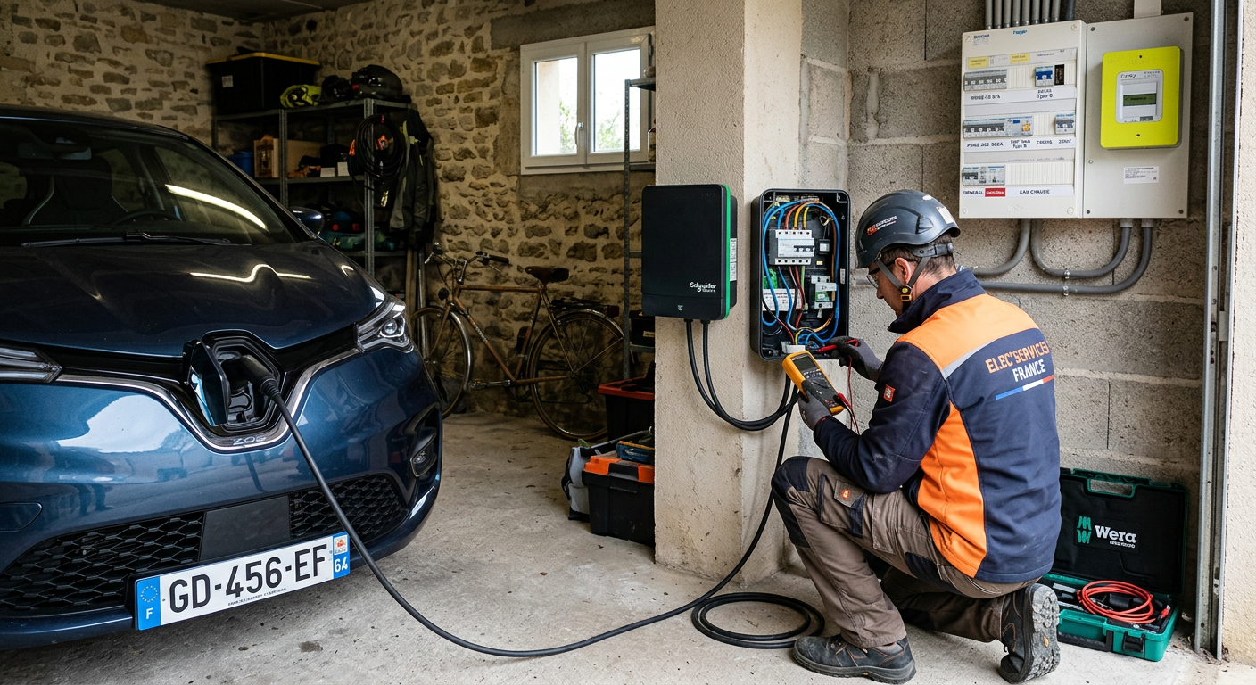 Borne de recharge électrique murale monophasée installée dans un garage domestique avec un installateur vérifiant les branchements.