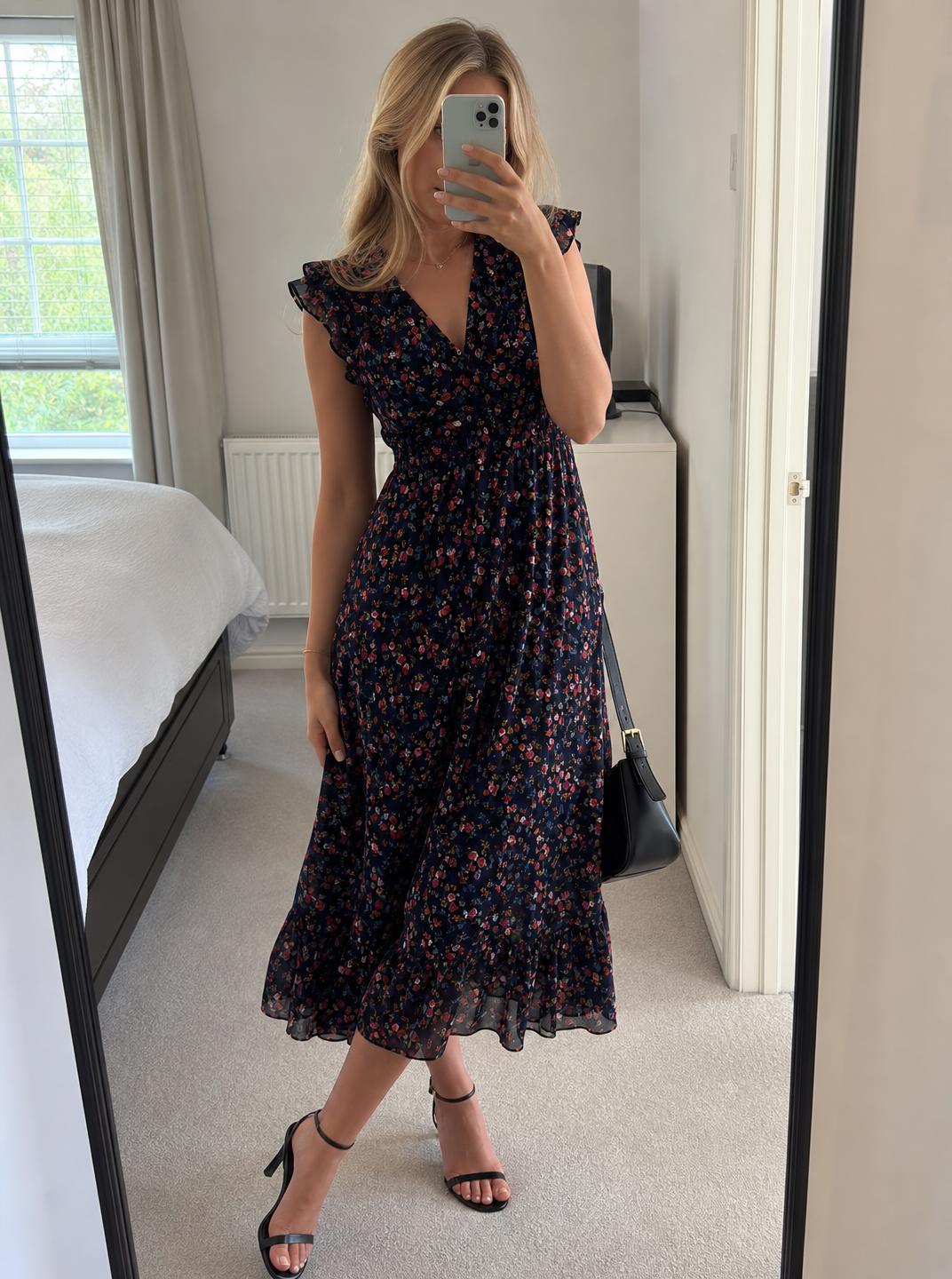 Navy Floral Midi Dress with Ruffle Detail – Very Good