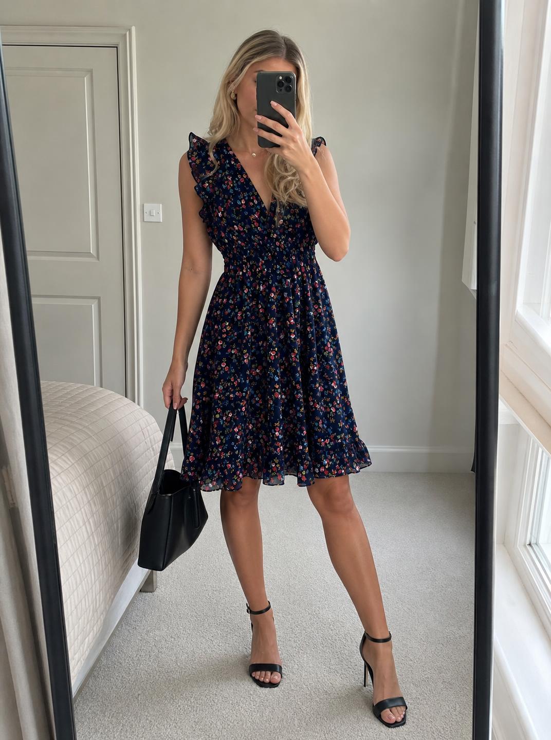 Navy Floral Midi Dress with Ruffle Straps – Very Good