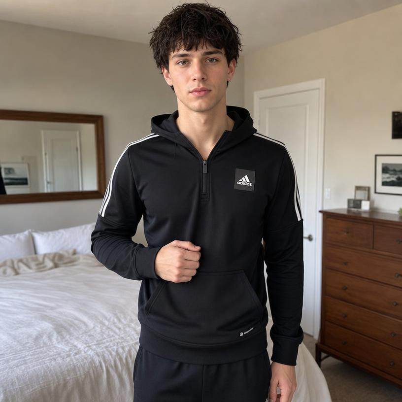 adidas Black Half-Zip Hooded Sports Pullover Jacket Very Good