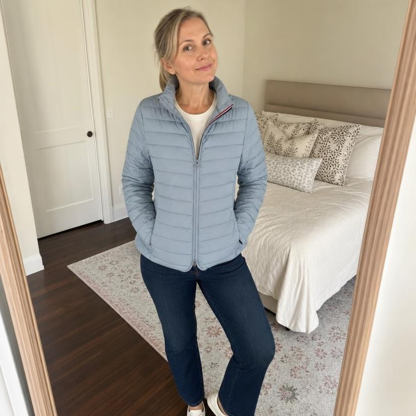 Light Blue Quilted Puffer Jacket Fitted Lightweight Very Good