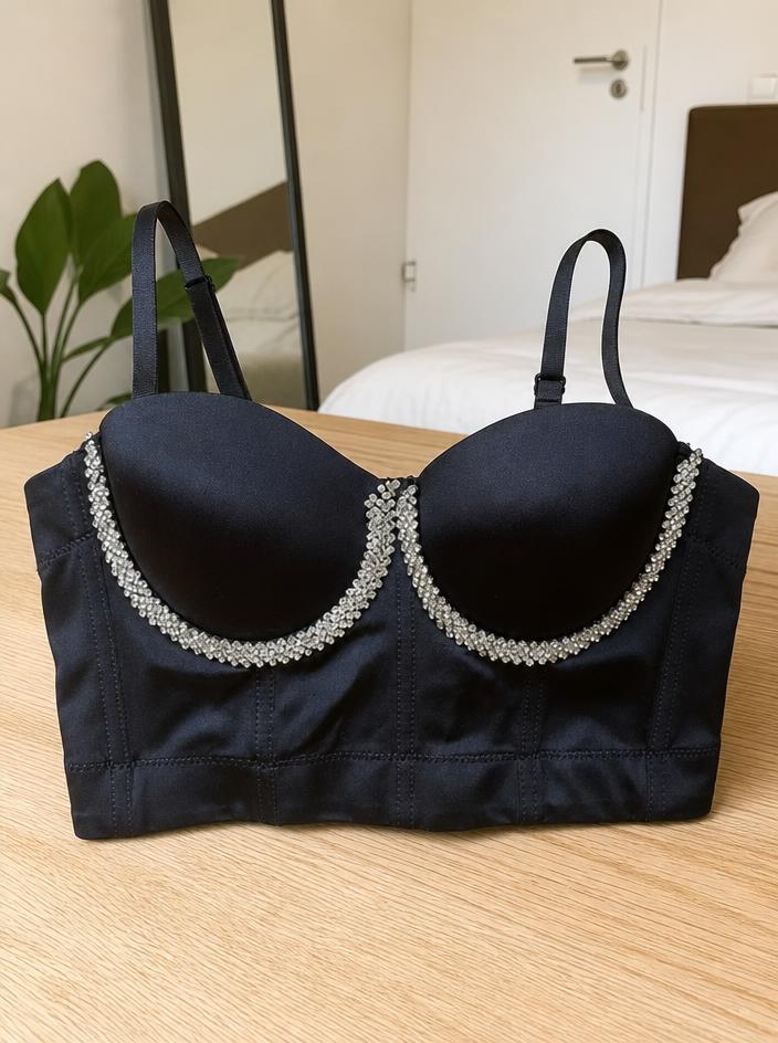 Black padded bra with rhinestone trim – very good condition