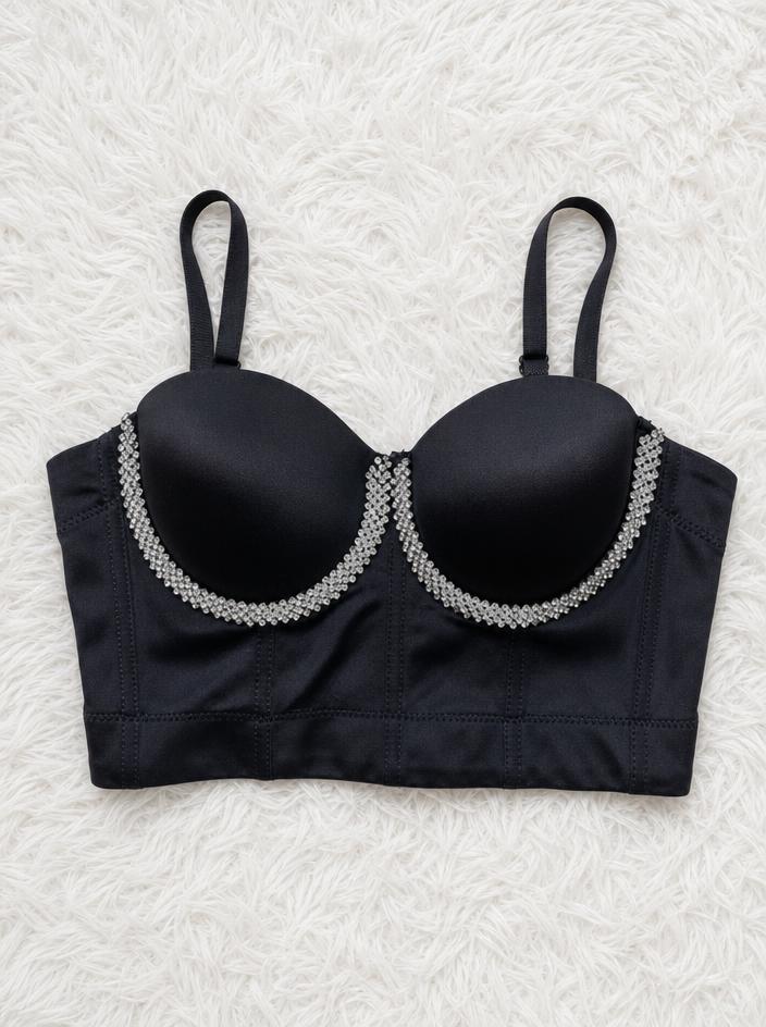 Black embellished balconette bra with rhinestone straps – very good