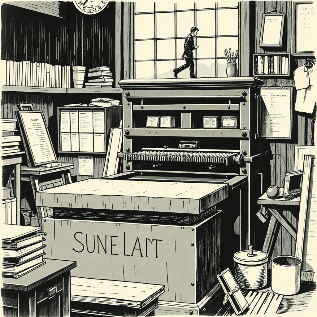 The composing room this afternoon, stone and rack and skylight