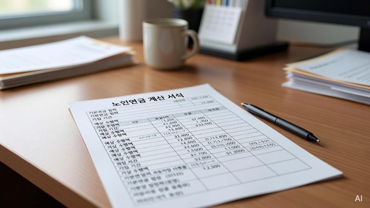 close-up of pension calculation worksheet on a desk with a pen beside it