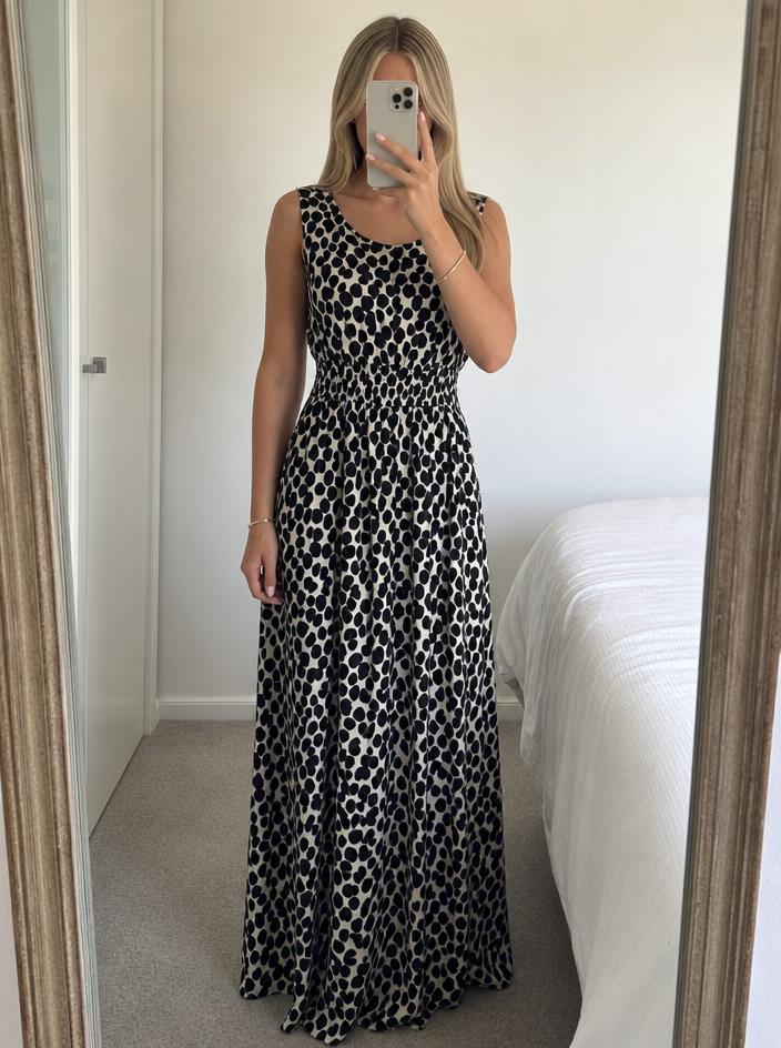 Abstract Black Spot Print Long Sleeve Midi Dress Very Good