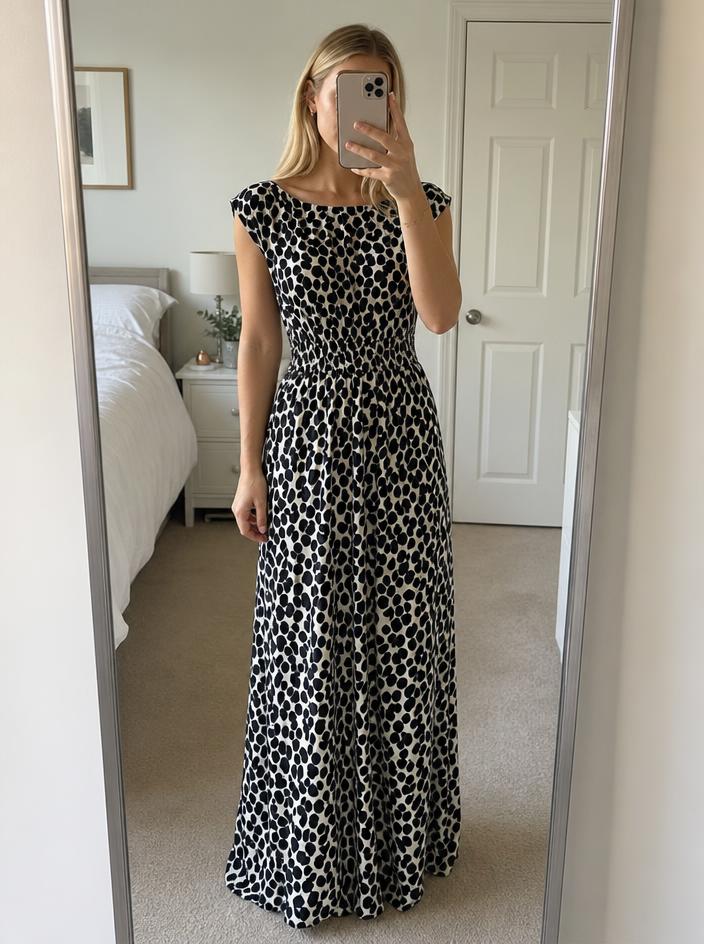 Abstract Spot Print Long Dress – Cream & Black, Very Good