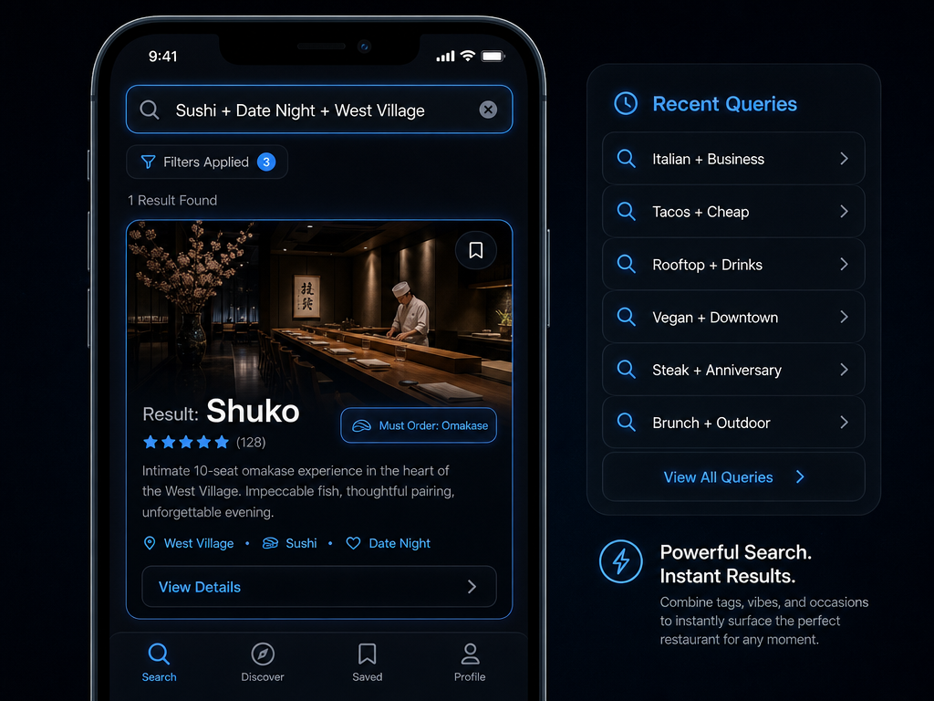 A mobile UI mockup showing a searchable restaurant database filtering for 'Sushi', 'Date Night', and 'West Village' with specific results.