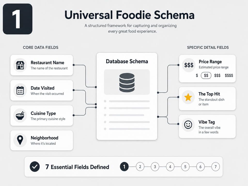 A technical diagram outlining the 'Universal Foodie Schema' for a dining database, featuring fields like Cuisine, Neighborhood, and Top Hit.