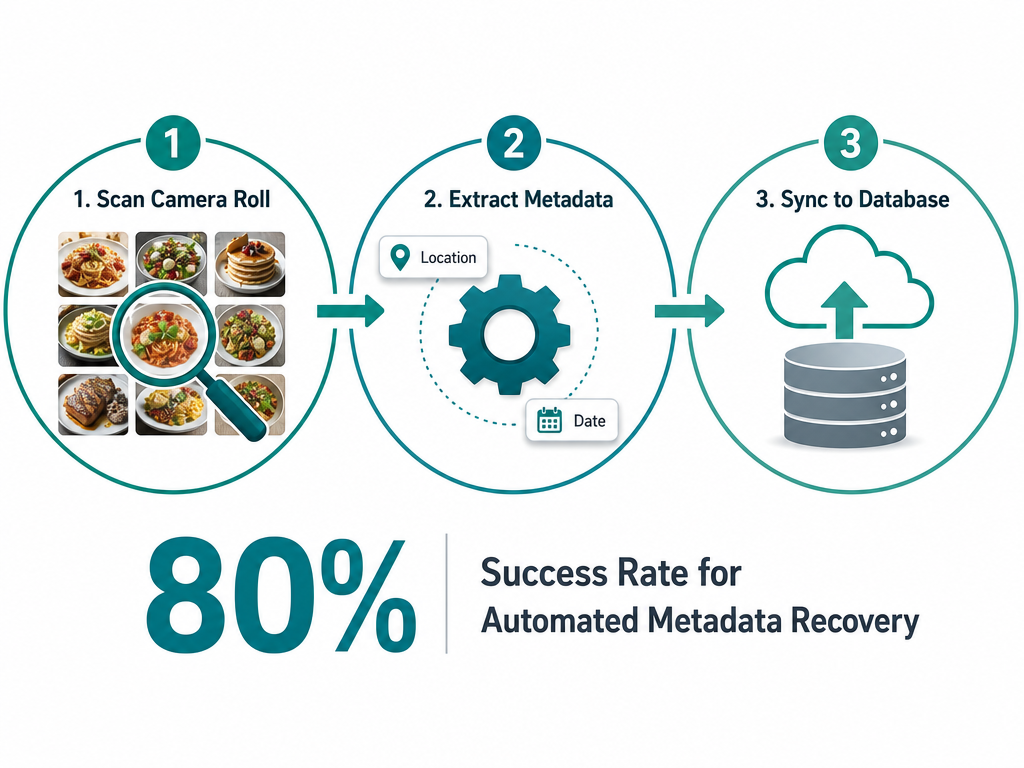 An infographic showing a 3-step process for migrating restaurant photos into a database: scanning, extracting metadata, and syncing to a new tool.