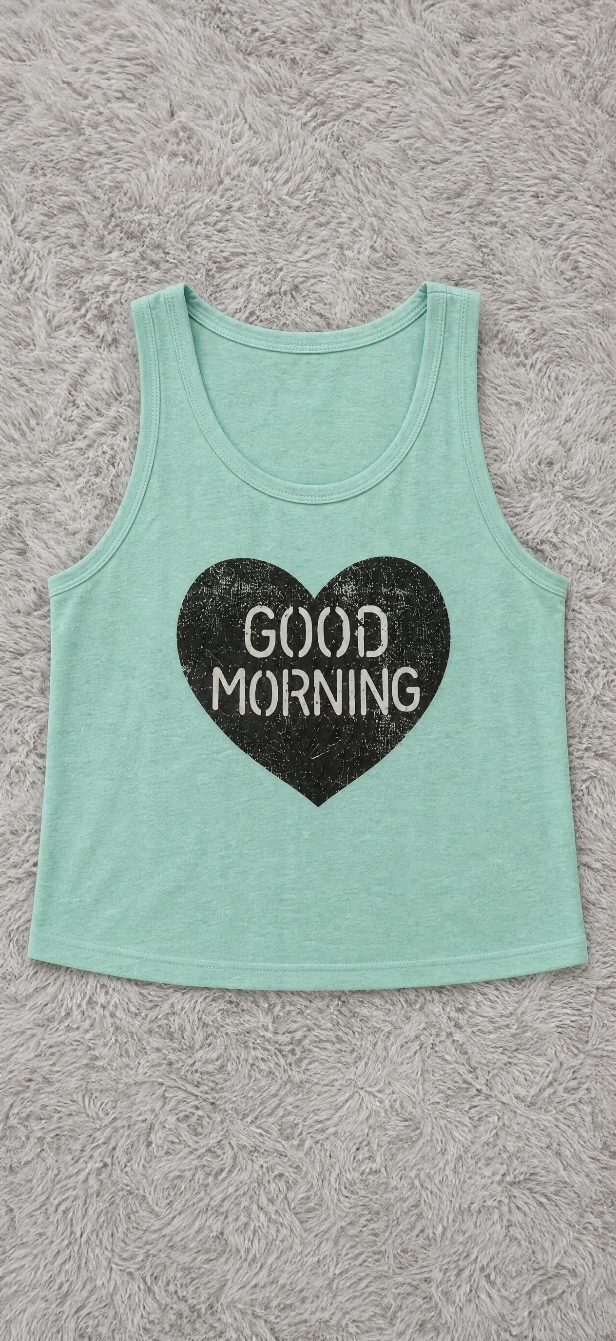 Mint Green Cropped Tank Top with Good Morning Heart Graphic