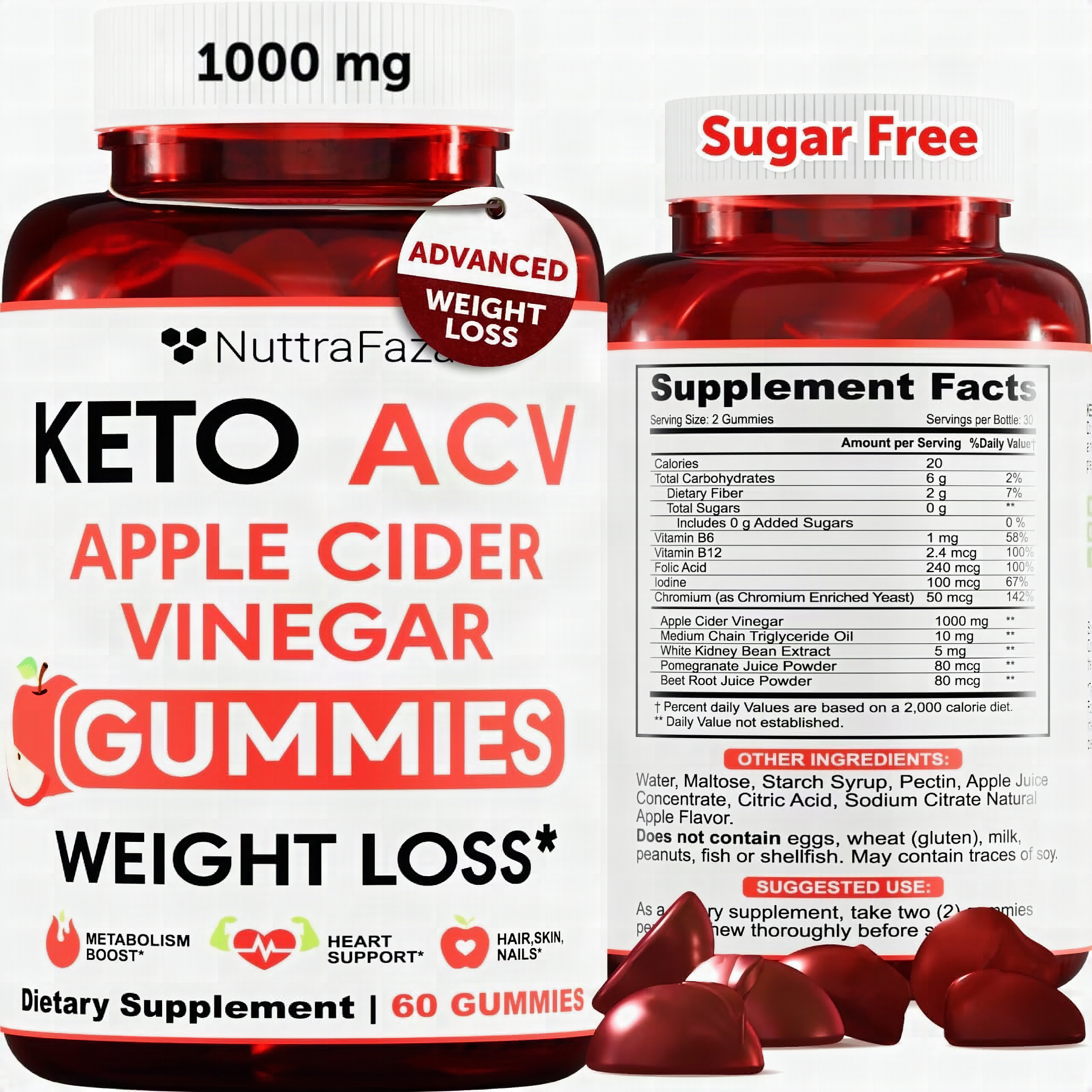 Macro close-up of ruby-red keto ACV gummies with detailed faceted surface texture and translucent appearance