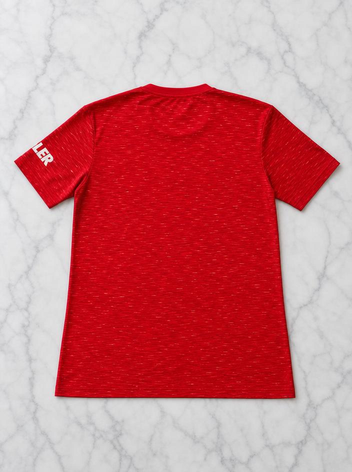Red short sleeve flecked T-shirt with gold detail – very good