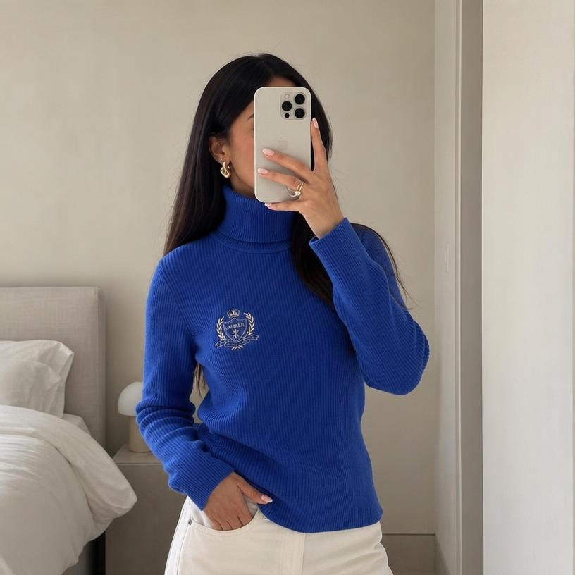 Ralph Lauren Blue Ribbed Mock Neck Jumper Very Good