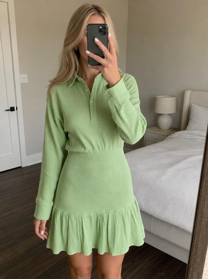 Pretty Lavish Green Textured Collared Mini Dress New With Tags
