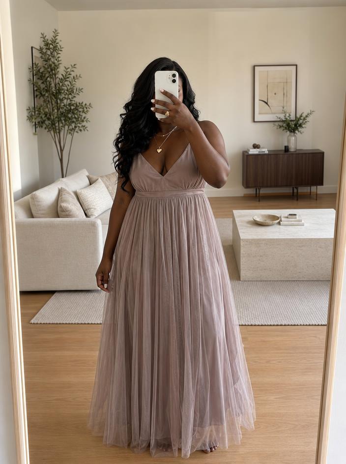 Dusty mauve pleated maxi dress with spaghetti straps