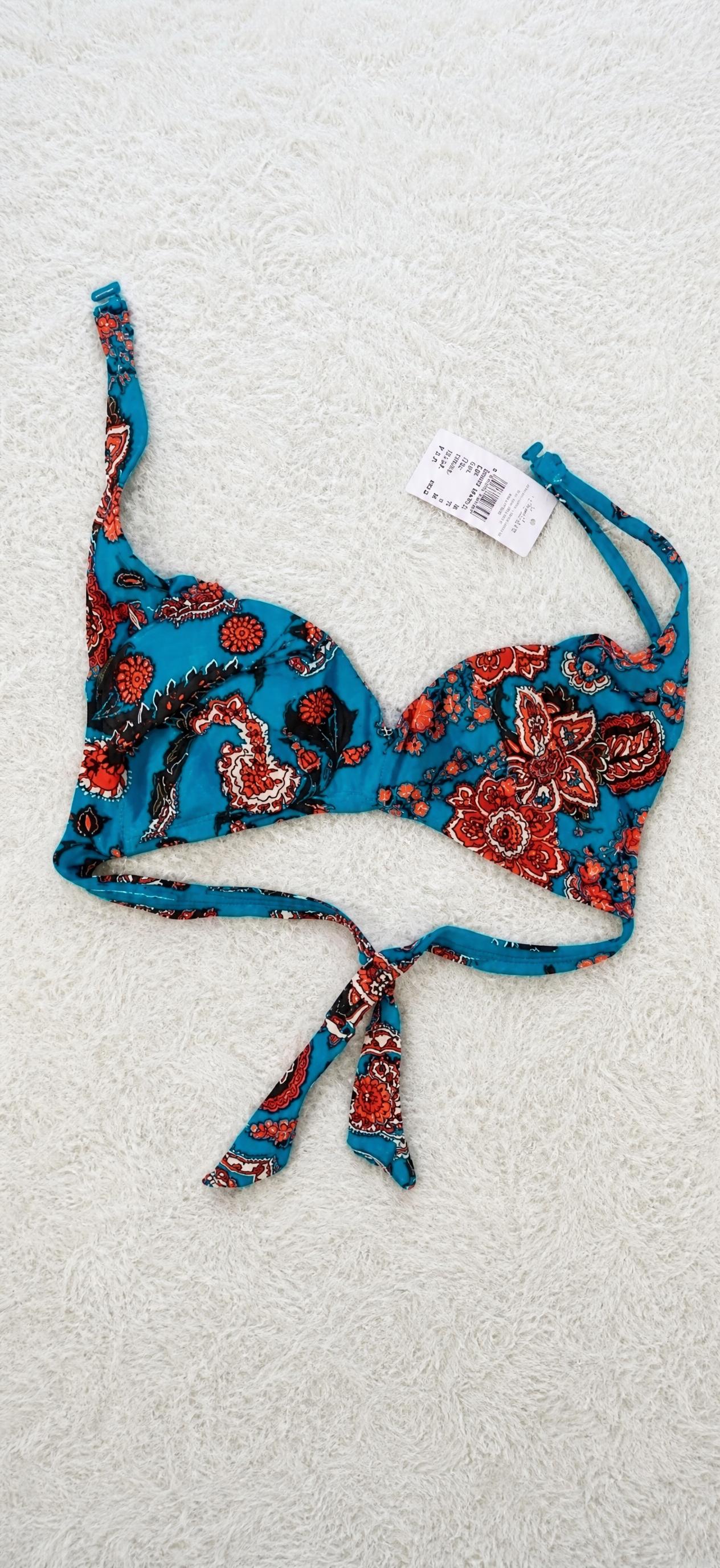 Floral paisley triangle bikini top with turquoise trim