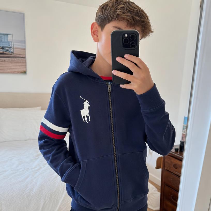 Polo Ralph Lauren Kids Navy Zip Hoodie with Sleeve Stripes