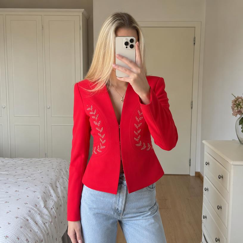 Red embroidered fitted blazer jacket with gingham flowers, size 44