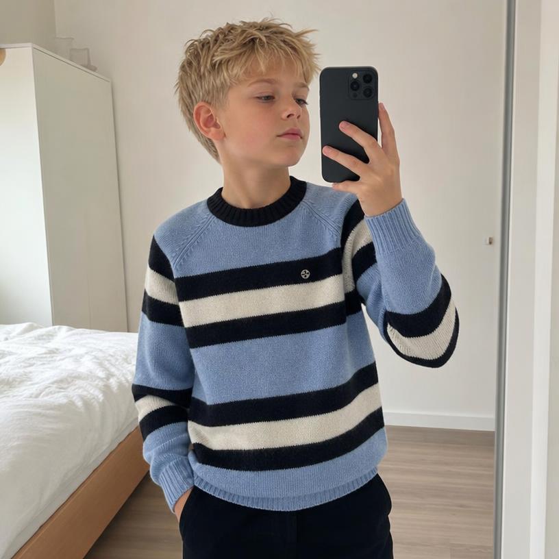 Striped knit jumper in blue, black & cream – very good condition