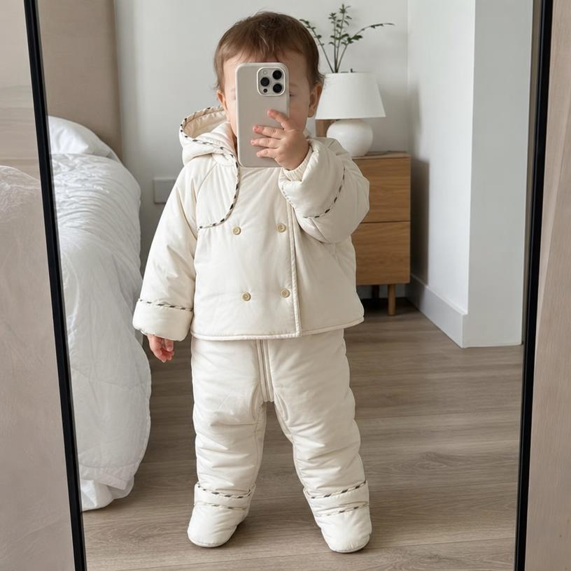 Cream padded baby snowsuit with hood and checked trim