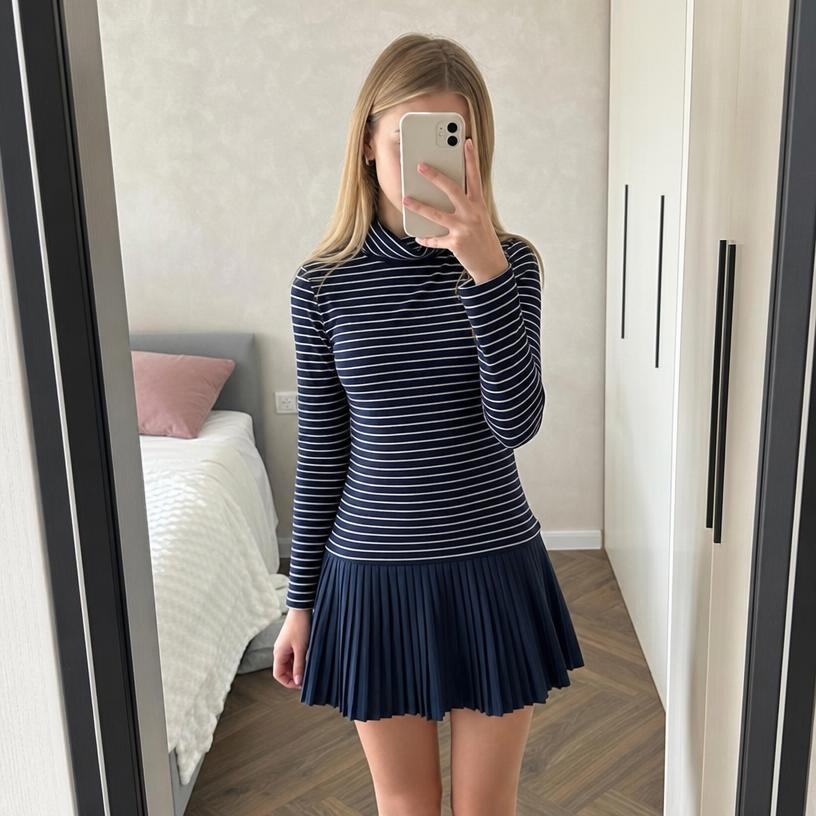 Navy Striped Long Sleeve Pleated Dress