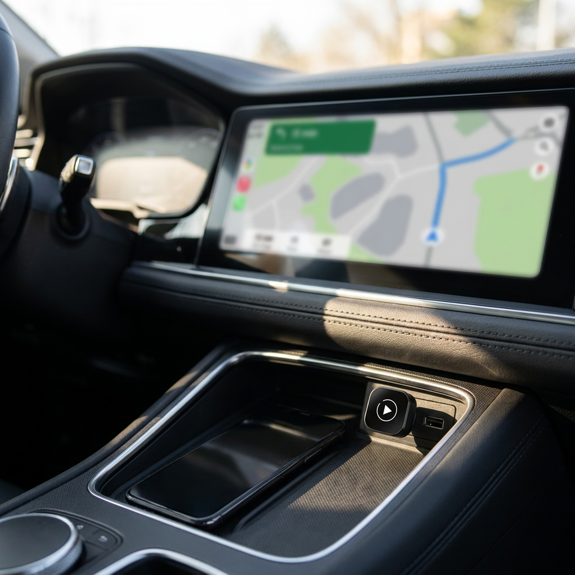 Wireless CarPlay running on a car's factory dashboard screen with the phone unplugged in the console tray