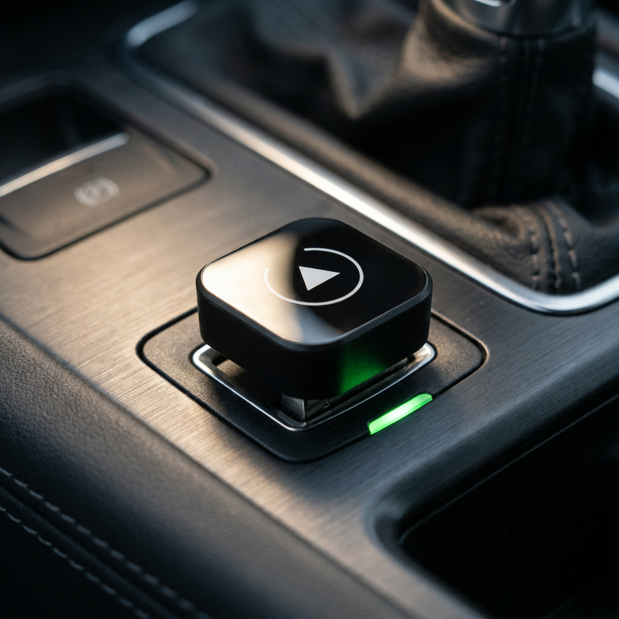 Close-up of the compact black adapter seated in a car's USB port