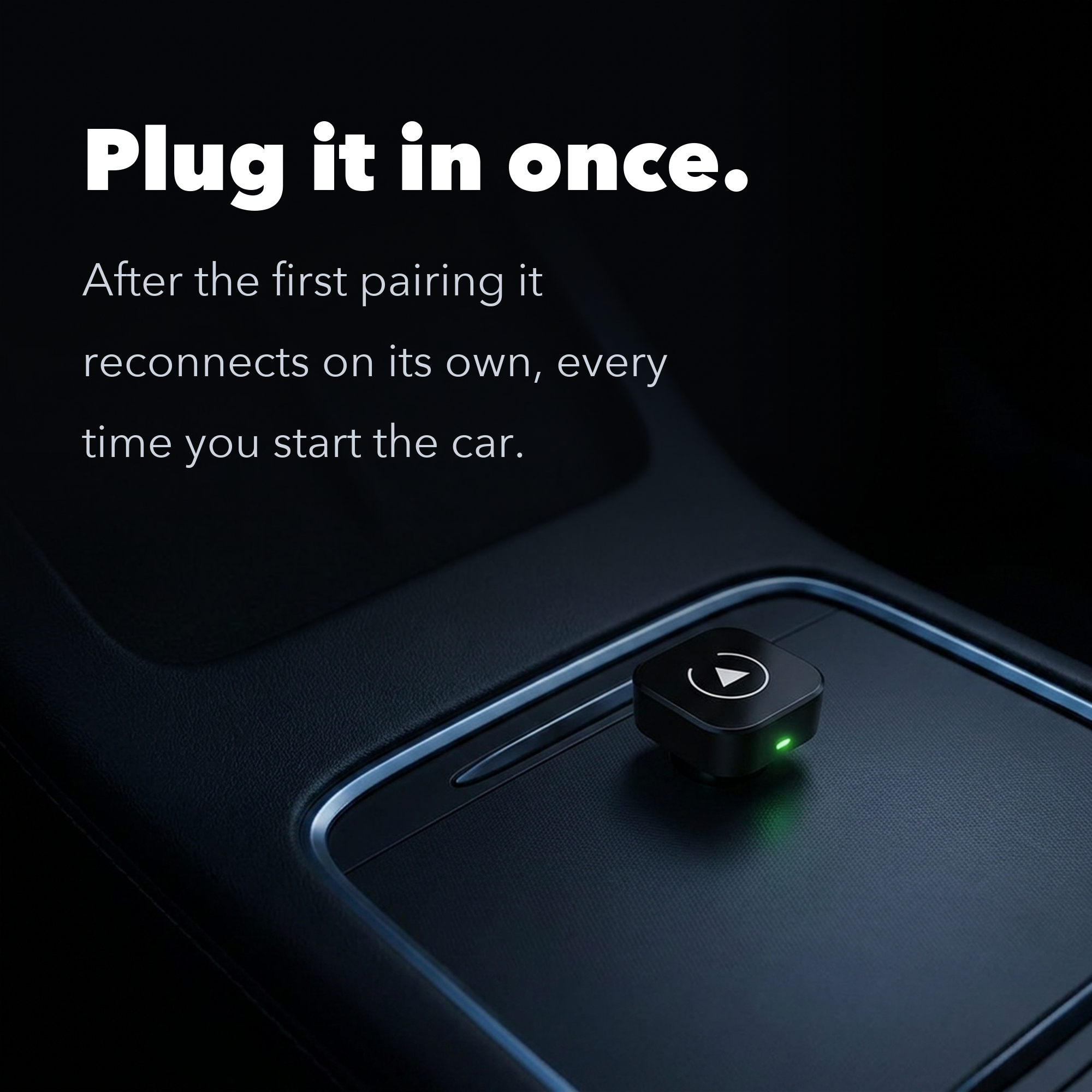 The wireless CarPlay adapter plugged into a car console USB port with its green indicator lit