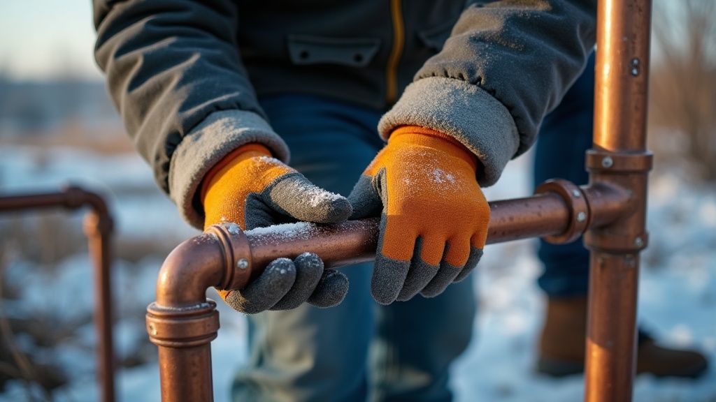 Plomero con guantes térmicos impermeables manipulando tuberías en obra de invierno