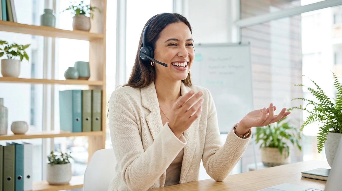 Vriendelijke onderneemster met een headset lacht tijdens een klantvriendelijk telefoongesprek in een licht kantoor