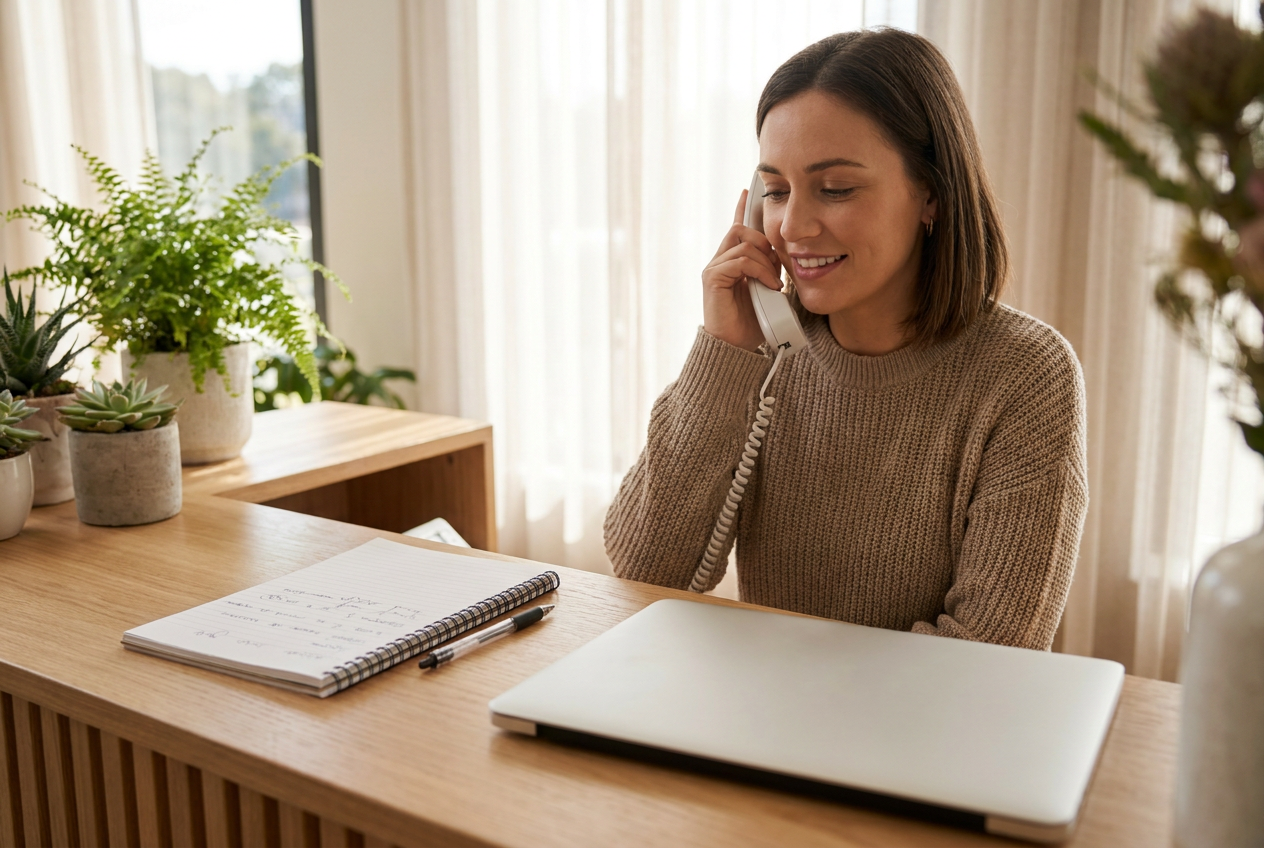Rustige receptioniste aan een opgeruimde balie voert vriendelijk een klantvriendelijk telefoongesprek