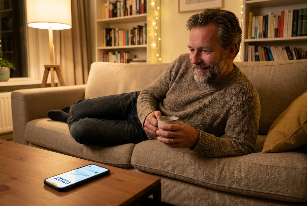 Ontspannen ondernemer 's avonds thuis, gerust dat elk telefoontje klantvriendelijk wordt opgenomen