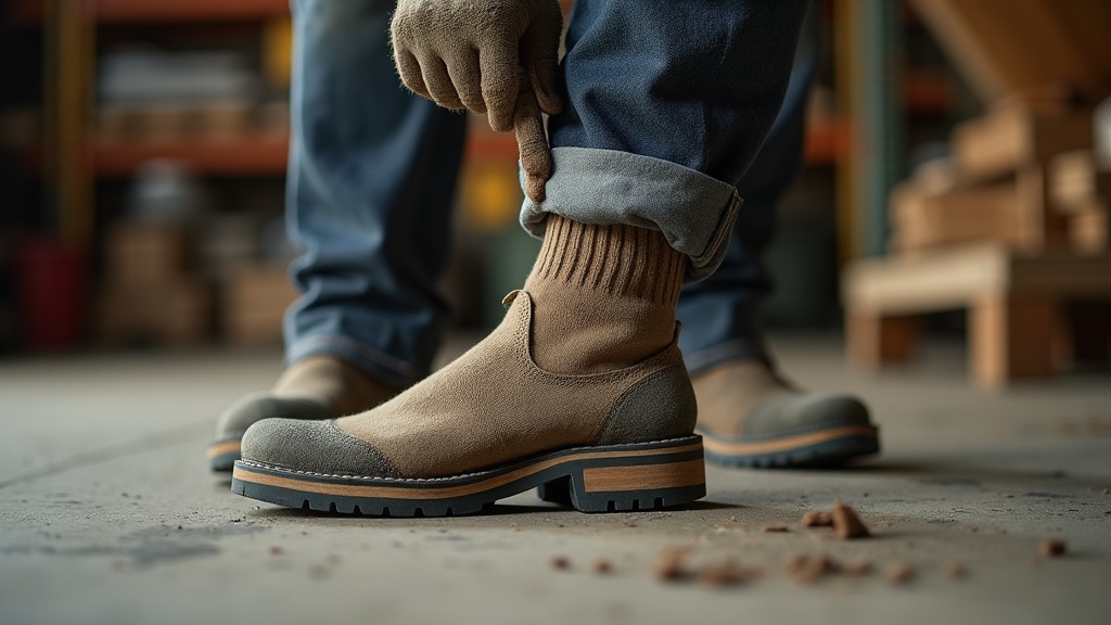 Cushioned work sock going into a steel-toe work boot