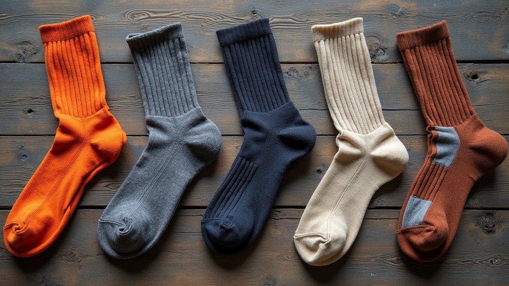 Comparison of five heavy duty work sock pairs by thickness and material