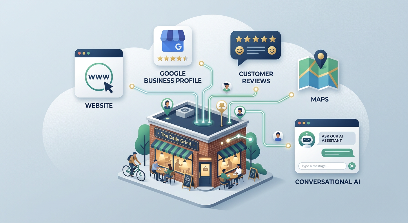Modern illustrative scene showing a local service business connected through clean digital pathways to a website, Google B...