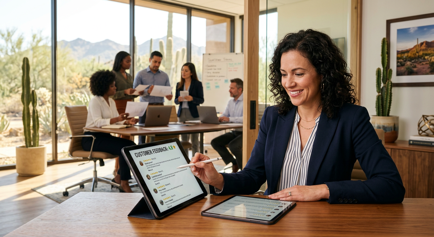 Photorealistic close-up of a business owner reviewing authentic customer feedback on a tablet while a diverse team collabo...