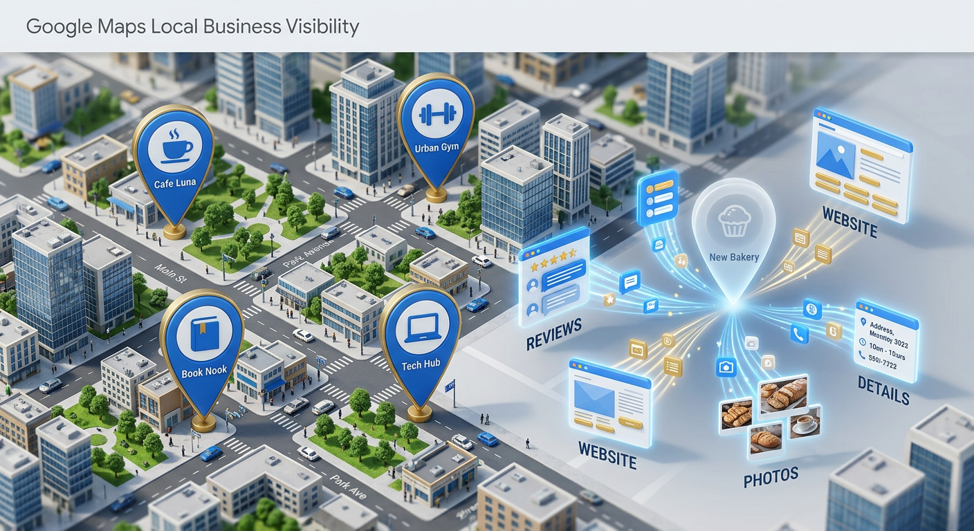 Modern isometric illustration of a Google Maps-style city grid with several local business pins, one faded pin gradually b...