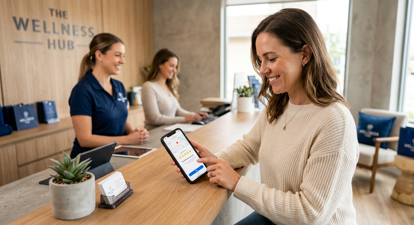 Photorealistic close-up of a customer leaving an honest five-star review on a phone while a local service professional hel...