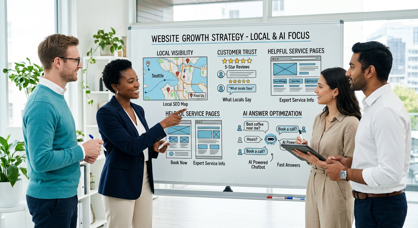 Modern illustrative scene showing a small-business growth team reviewing a clear website strategy board, with visual cues ...