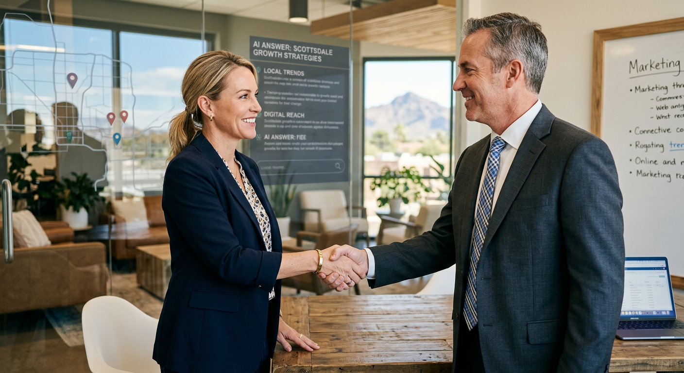 Photorealistic close-up of a business owner shaking hands with a trusted marketing strategist in a bright Scottsdale offic...