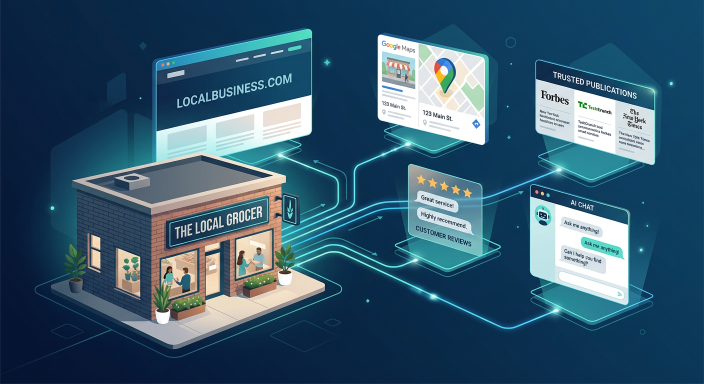 Modern illustrative scene showing a local business connected to a website, Google Maps pin, customer reviews, trusted publ...