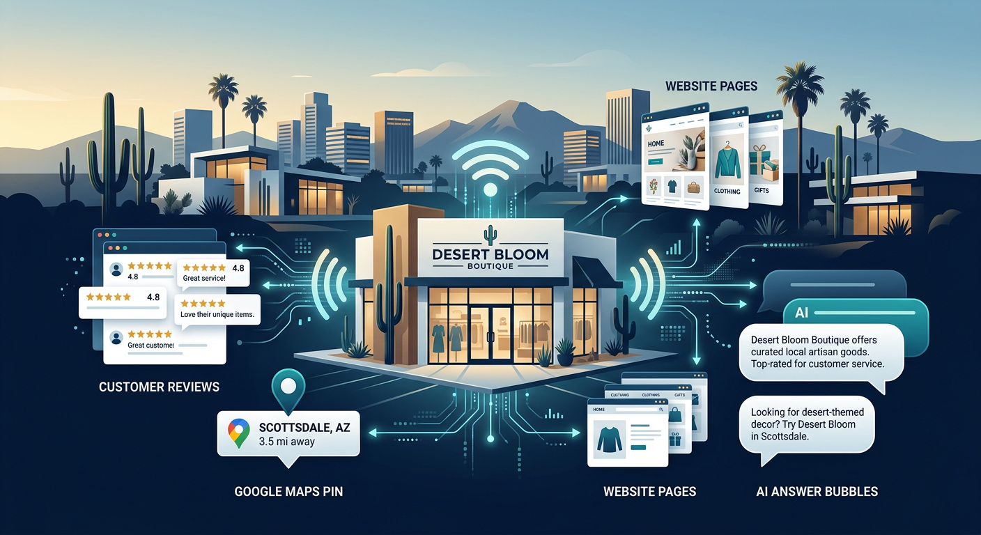 Modern illustrative scene showing connected signals flowing between a local business storefront, customer reviews, Google ...